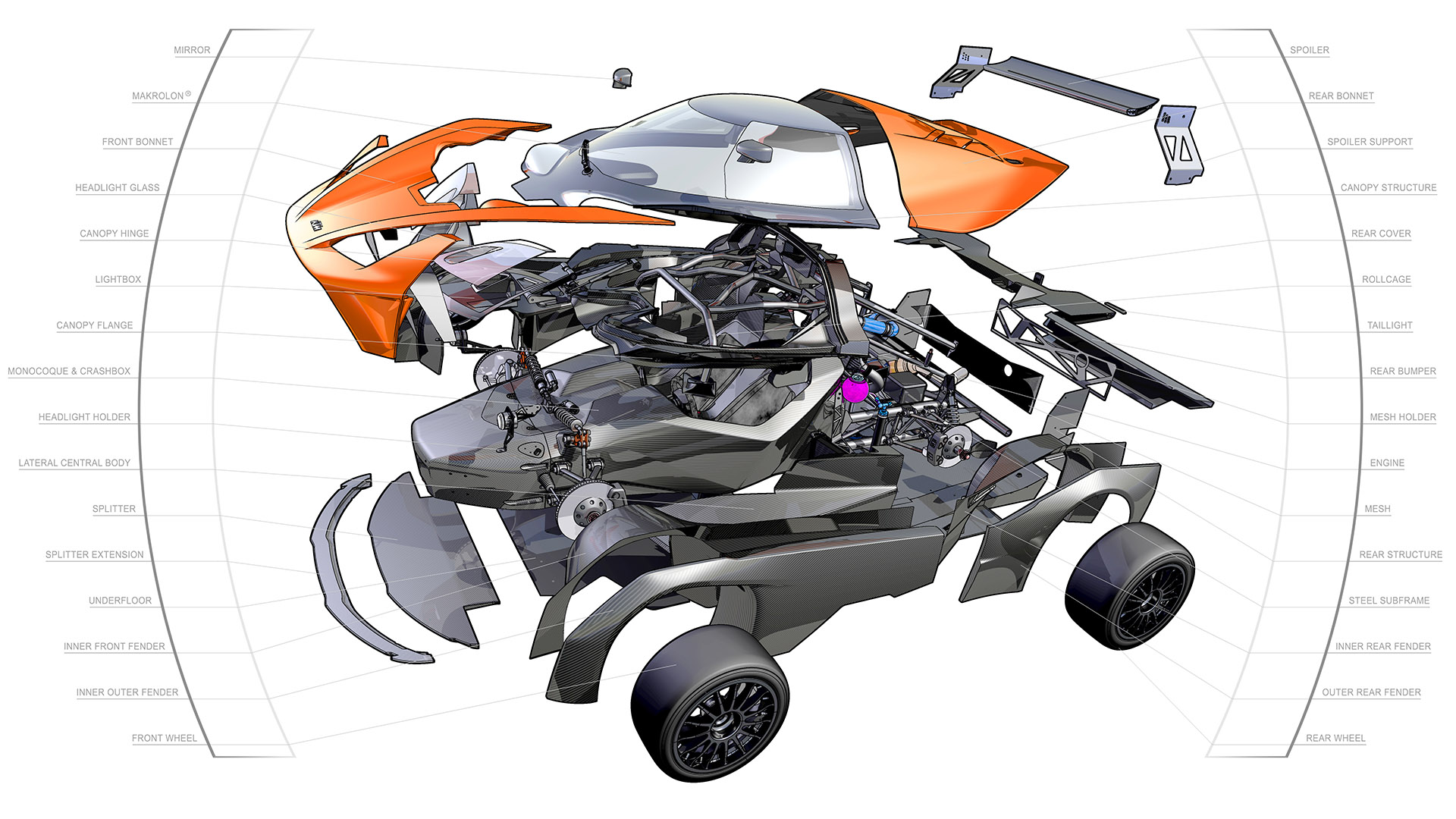 X-BOW GT4 detailed exploded view